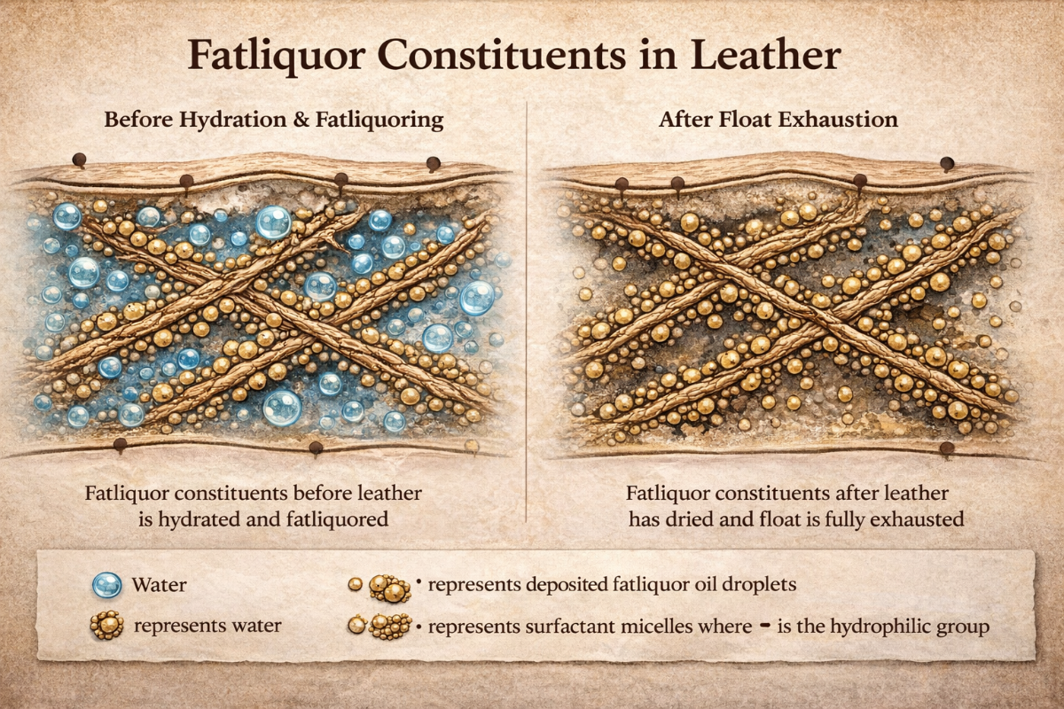 This illustration reflects classic tannery immersion fatliquoring principles described in the leather chemistry literature.