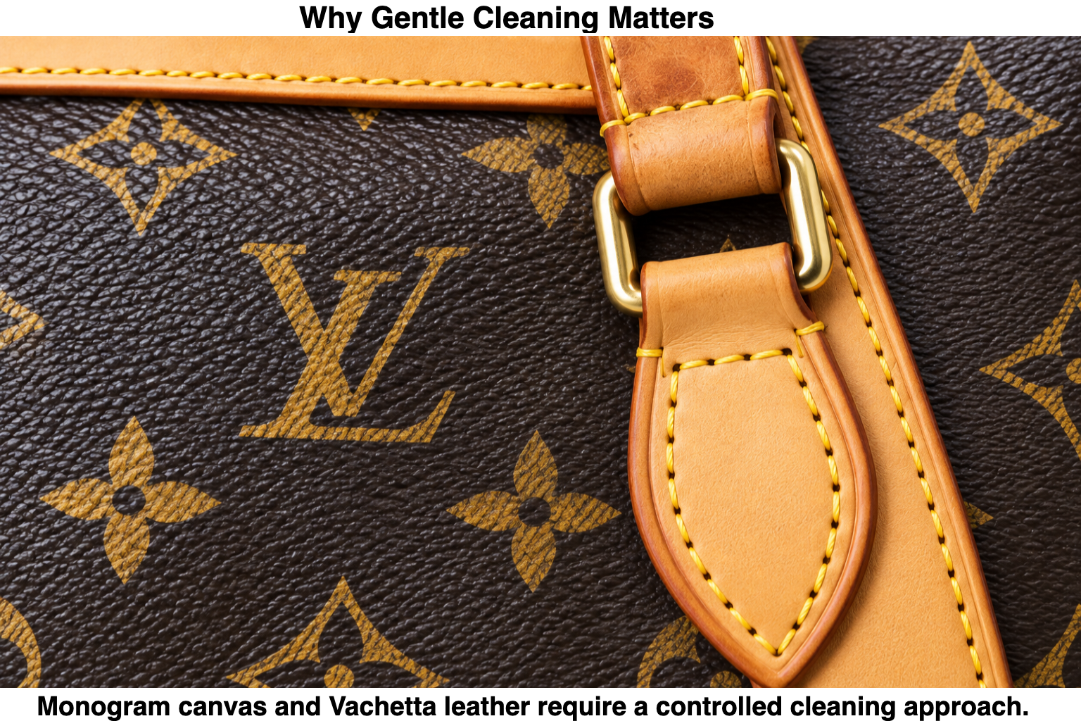 Monogram canvas and Vachetta leather require a controlled cleaning approach 1.